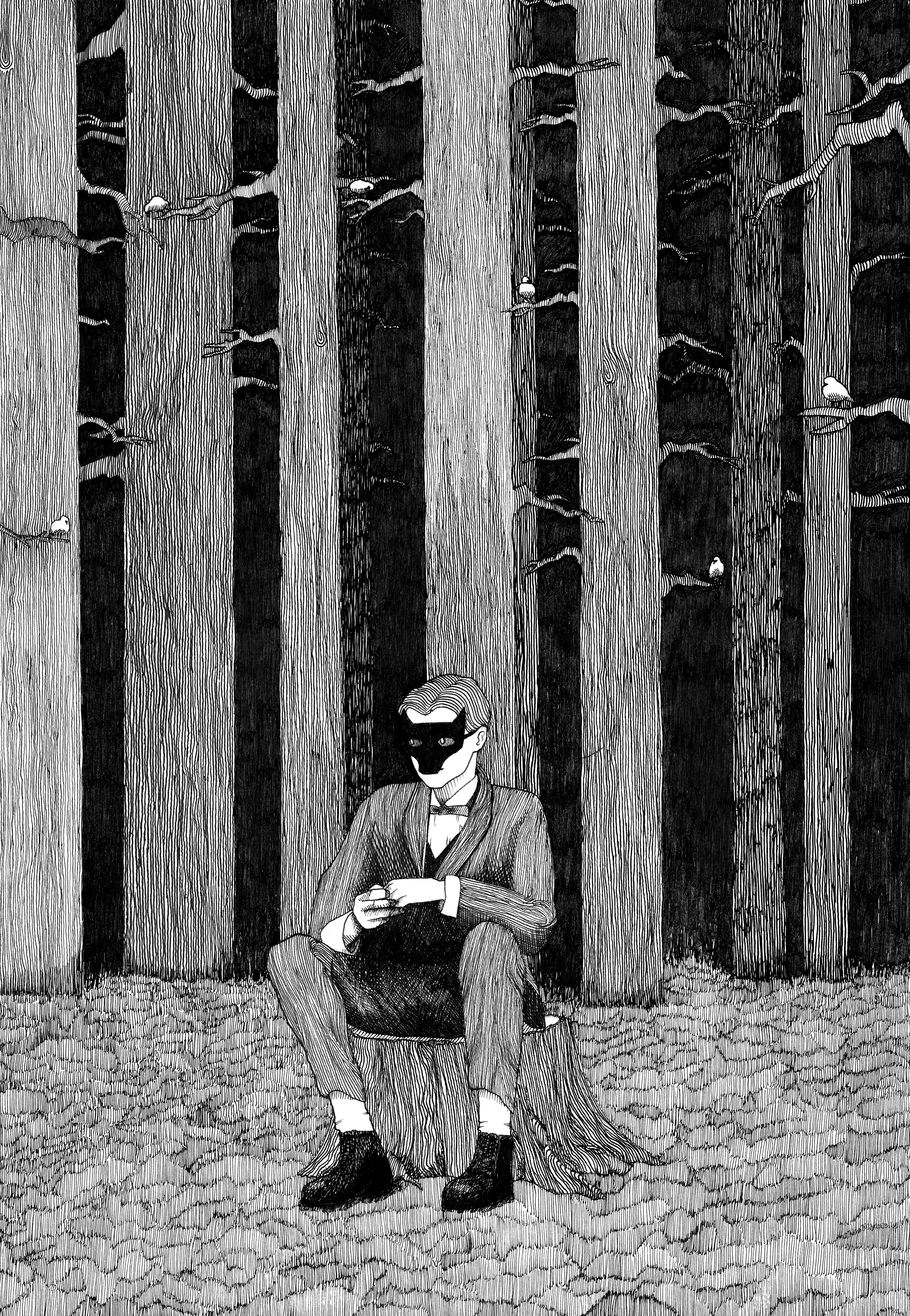 Masked man sitting on a tree stub